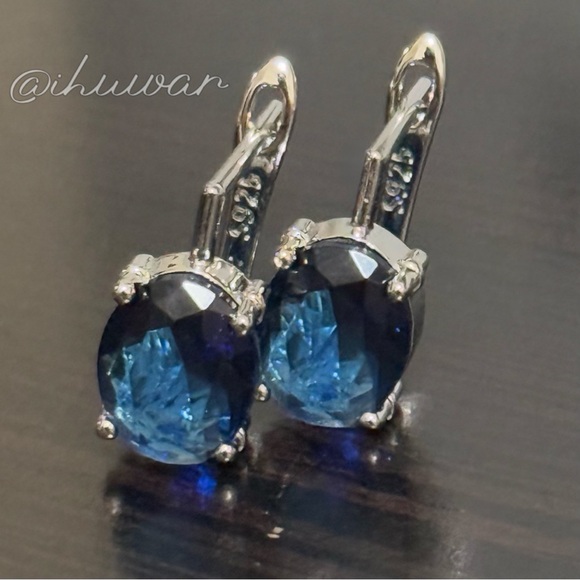 Oval Blue Diamond  925 Sterling Sliver earrings - Picture 3 of 12
